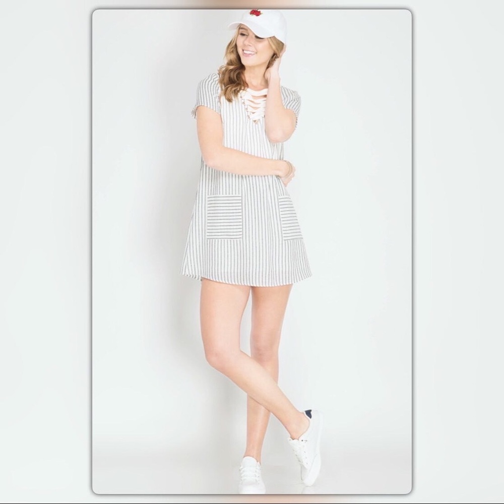Blue and White Lace Up Dress